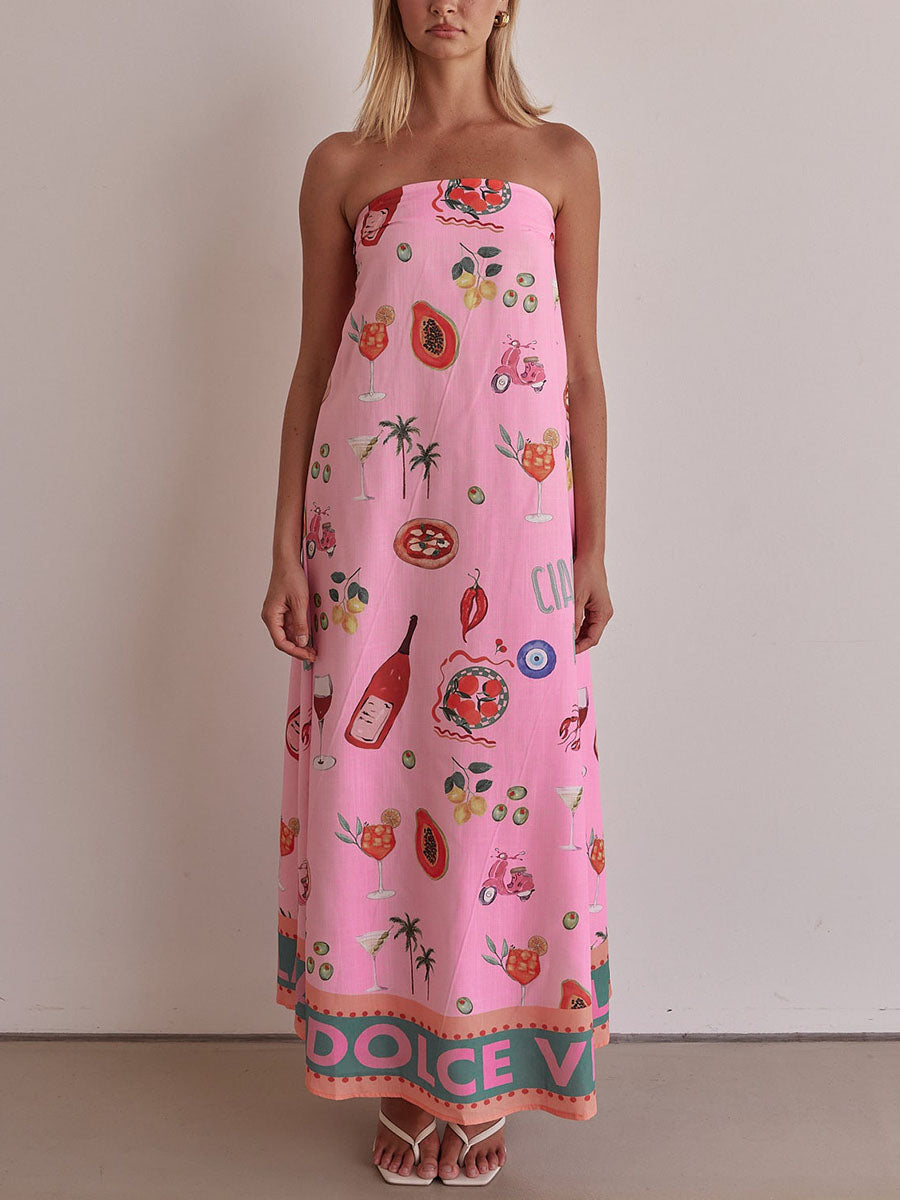 Pink tube top vacation print dress