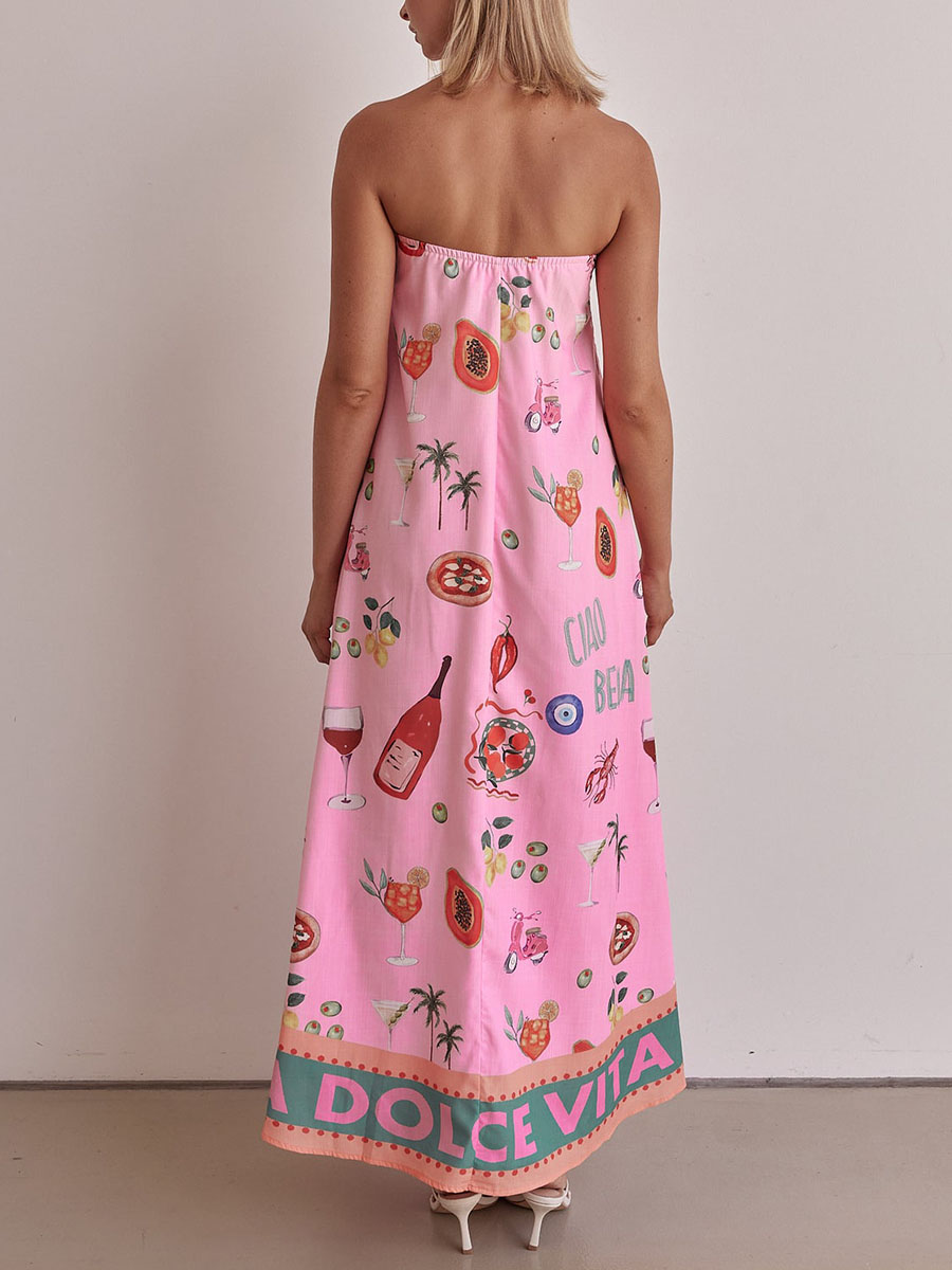 Pink tube top vacation print dress