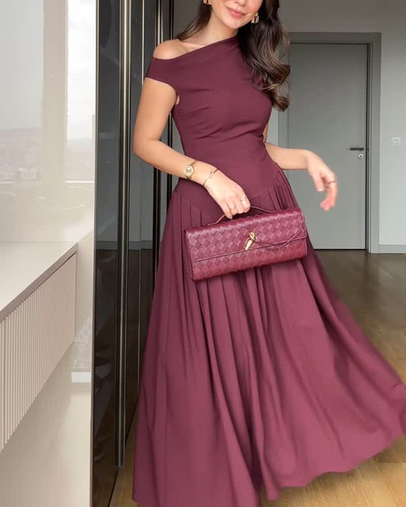 Elegant Shoulder Pleated Dress