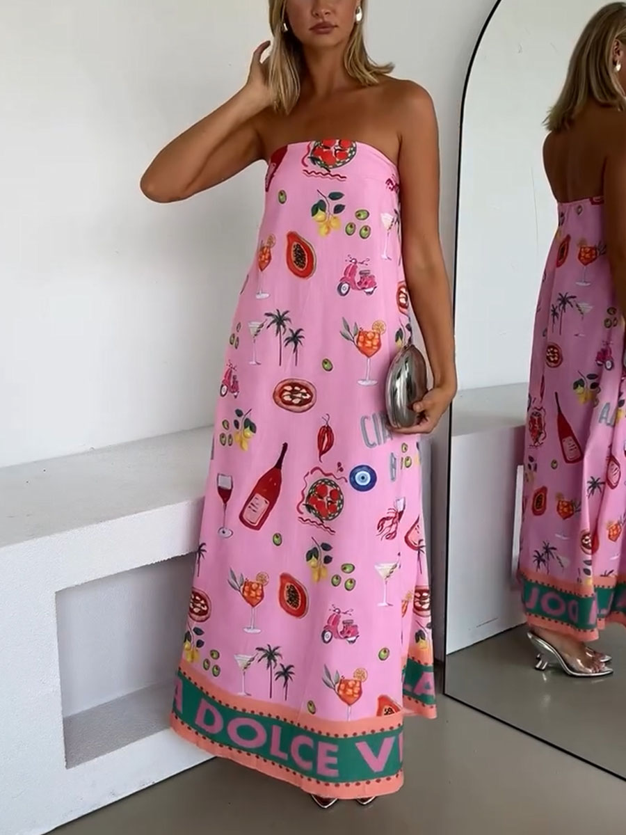 Pink tube top vacation print dress