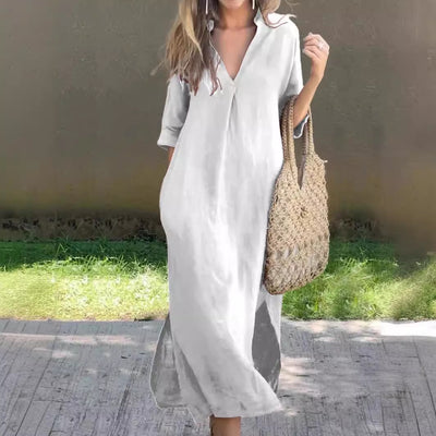 Casual Solid Color V-Neck Loose Cotton Linen Dress