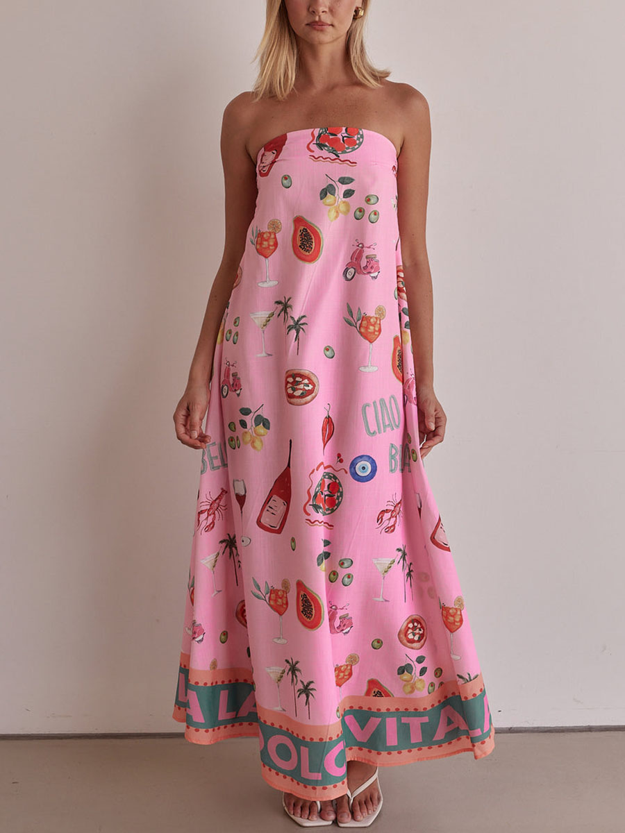 Pink tube top vacation print dress