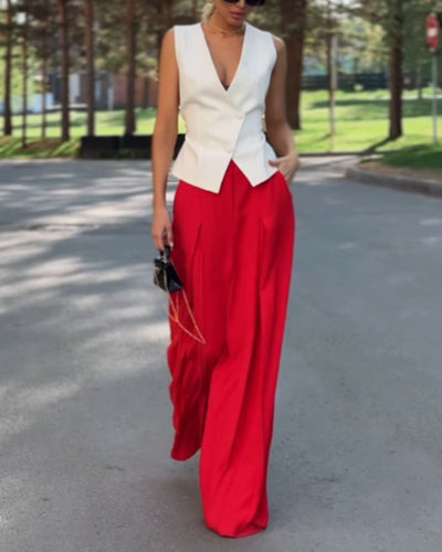 Fashion Elegant Vest & Wide Leg Pants Two-Piece Set