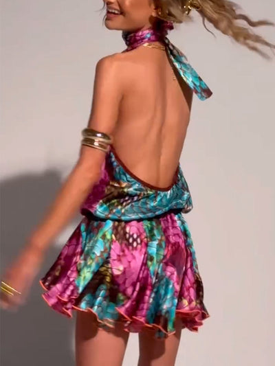 Sexy holiday backless fish scale print dress