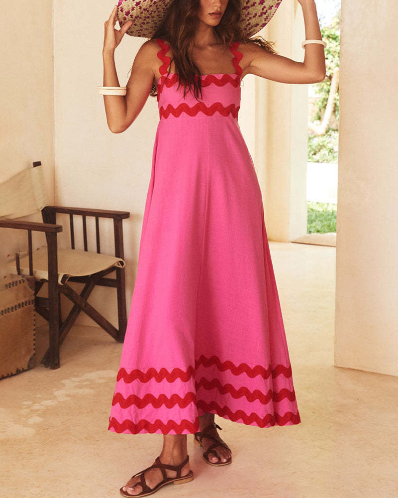 Contrast color wavy edge long dress