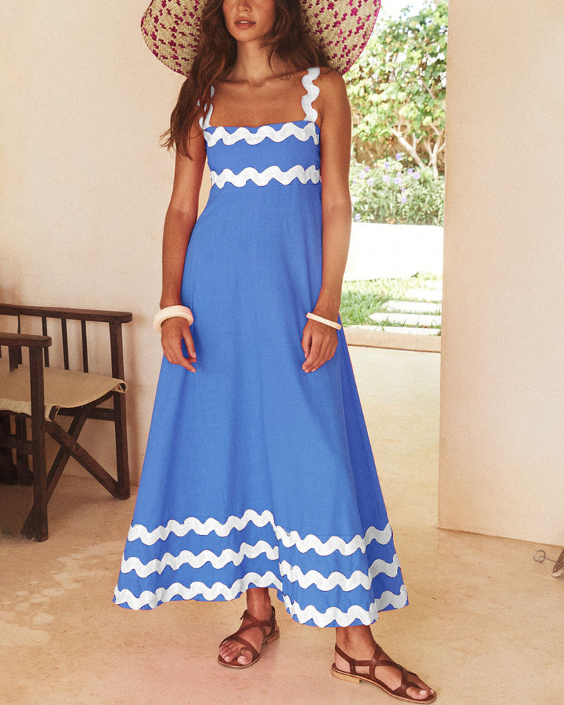 Contrast color wavy edge long dress