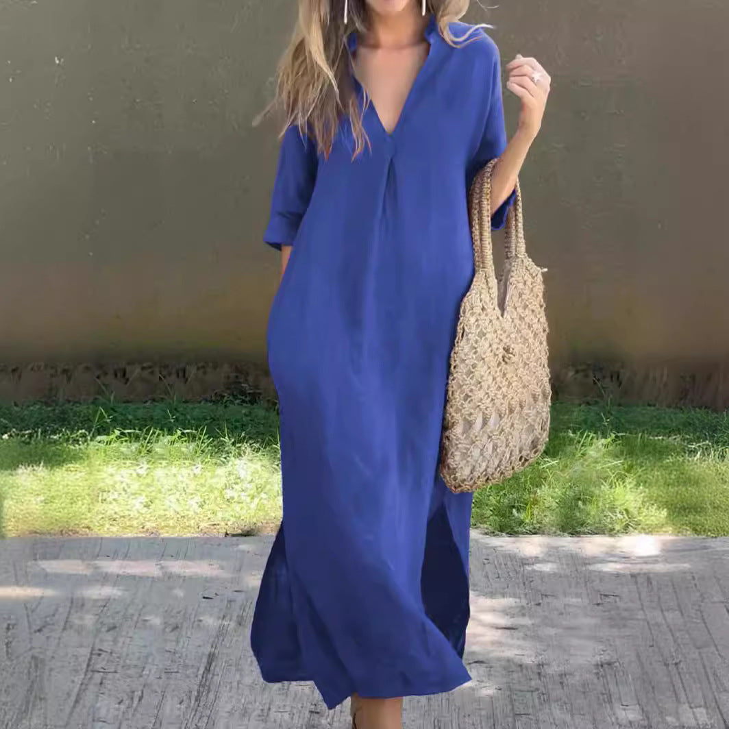 Casual Solid Color V-Neck Loose Cotton Linen Dress