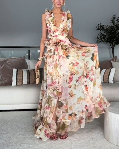 Elegant V-Neck Open Back Ruffle Print Dress